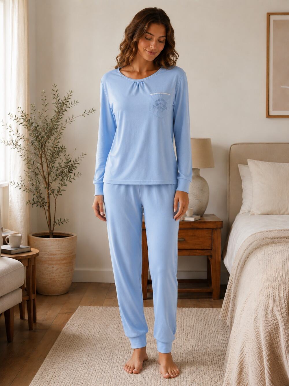 CALIDA Cosy Cotton Nights Pajama Set Blue 2 Pc Long Sleeve Jogger Sleepwear S